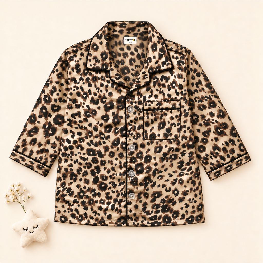 Satin Full Sleeves Leopard Print Coordinating Shirt & Pajama Nightsuit Set for Kids