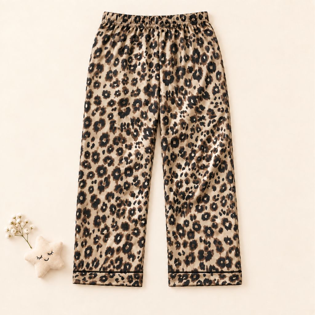 Satin Full Sleeves Leopard Print Coordinating Shirt & Pajama Nightsuit Set for Kids