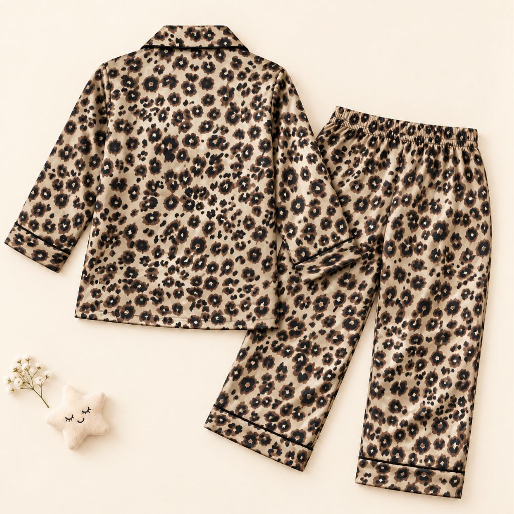 Satin Full Sleeves Leopard Print Coordinating Shirt & Pajama Nightsuit Set for Kids