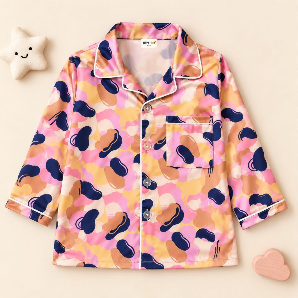 Satin Full Sleeves Abstract Print Coordinating Shirt & Pajama Nightsuit Set for kids
