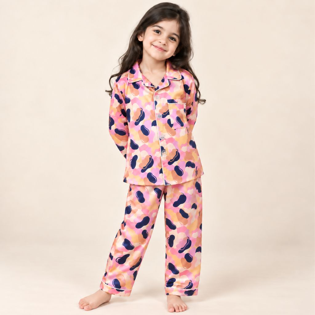 Satin Full Sleeves Abstract Print Coordinating Shirt & Pajama Nightsuit Set for kids