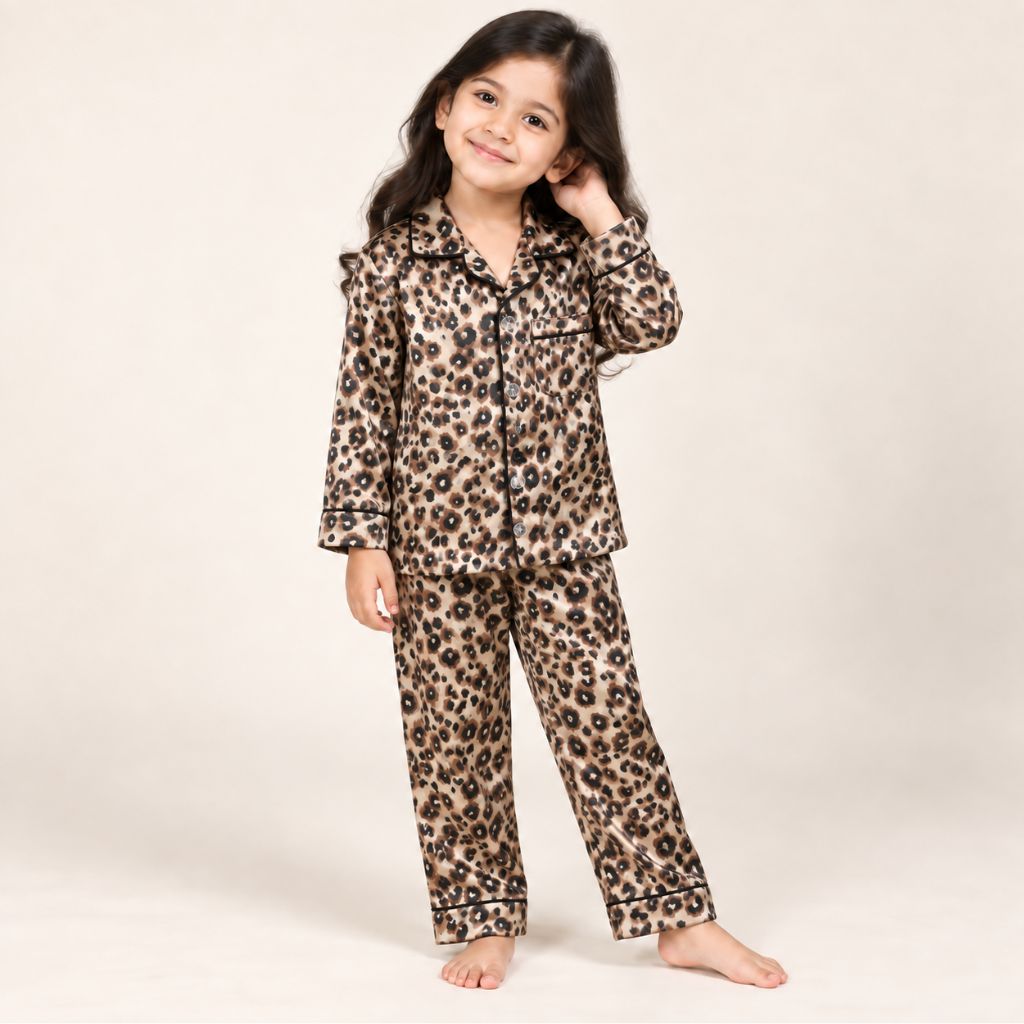 Satin Full Sleeves Leopard Print Coordinating Shirt & Pajama Nightsuit Set for Kids