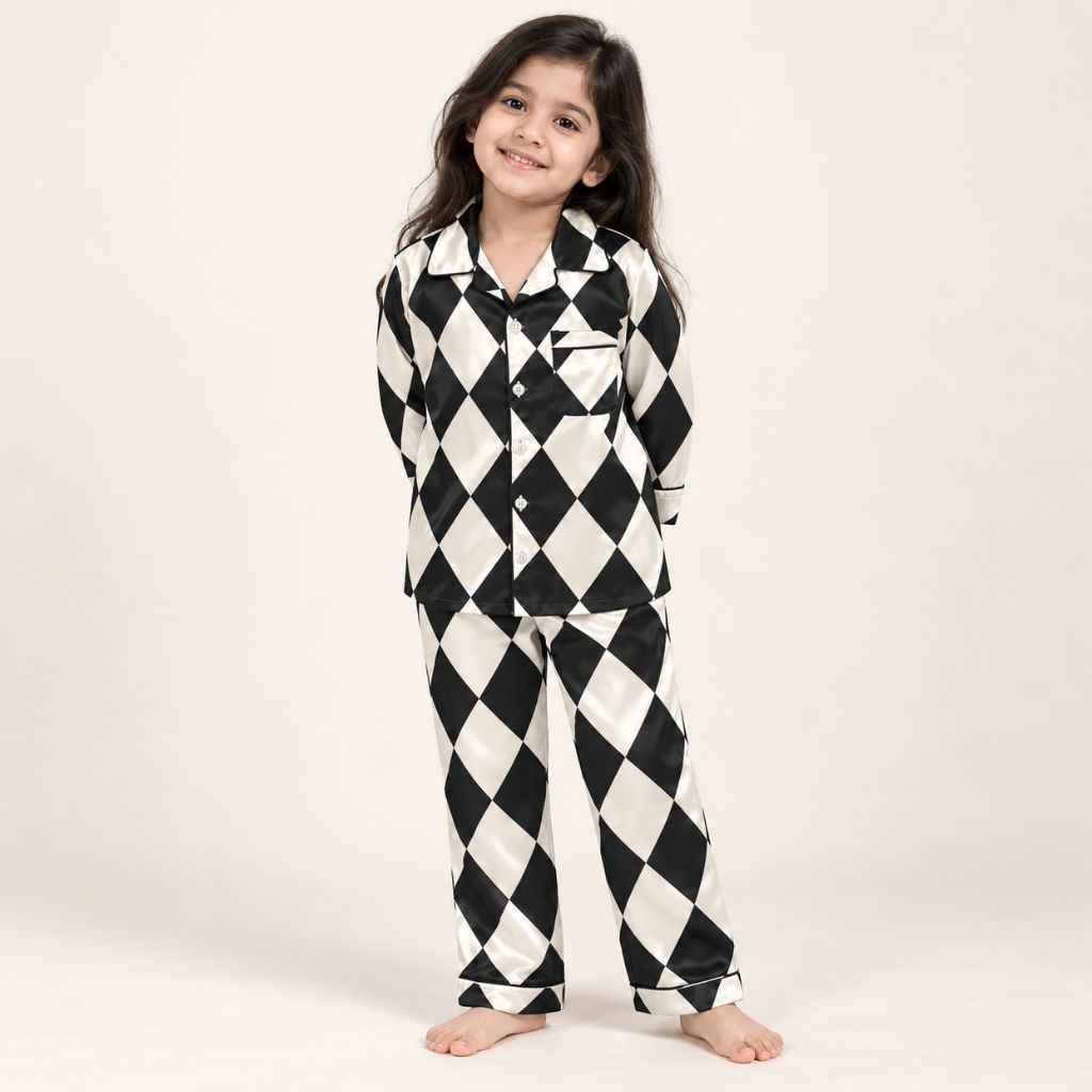 Satin Full Sleeves Geometric Argyle Print Coordinating Shirt & Pajama Nightsuit Set for Kids