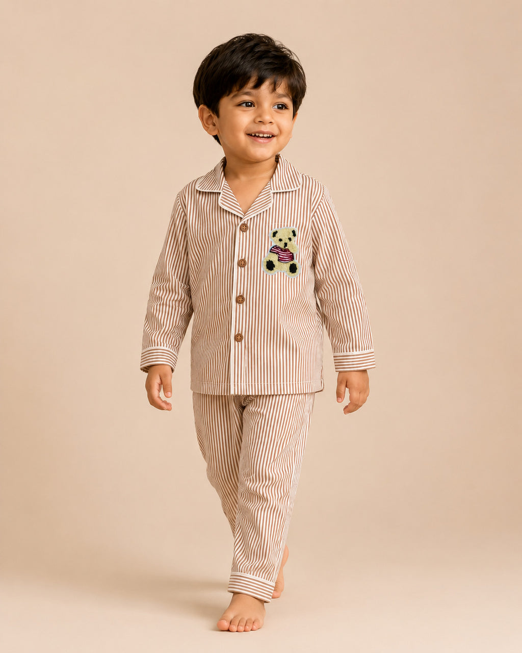 Cotton Brown Stripe Teddy Patch Kids Nightsuit Set