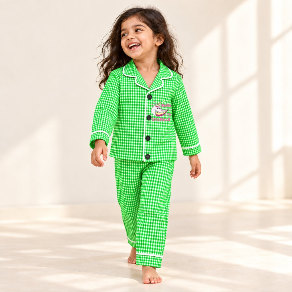 Cotton Full Sleeves Unicorn Sticker Green Ghingham Shirt & Pajama Nightsuit Set for Kids