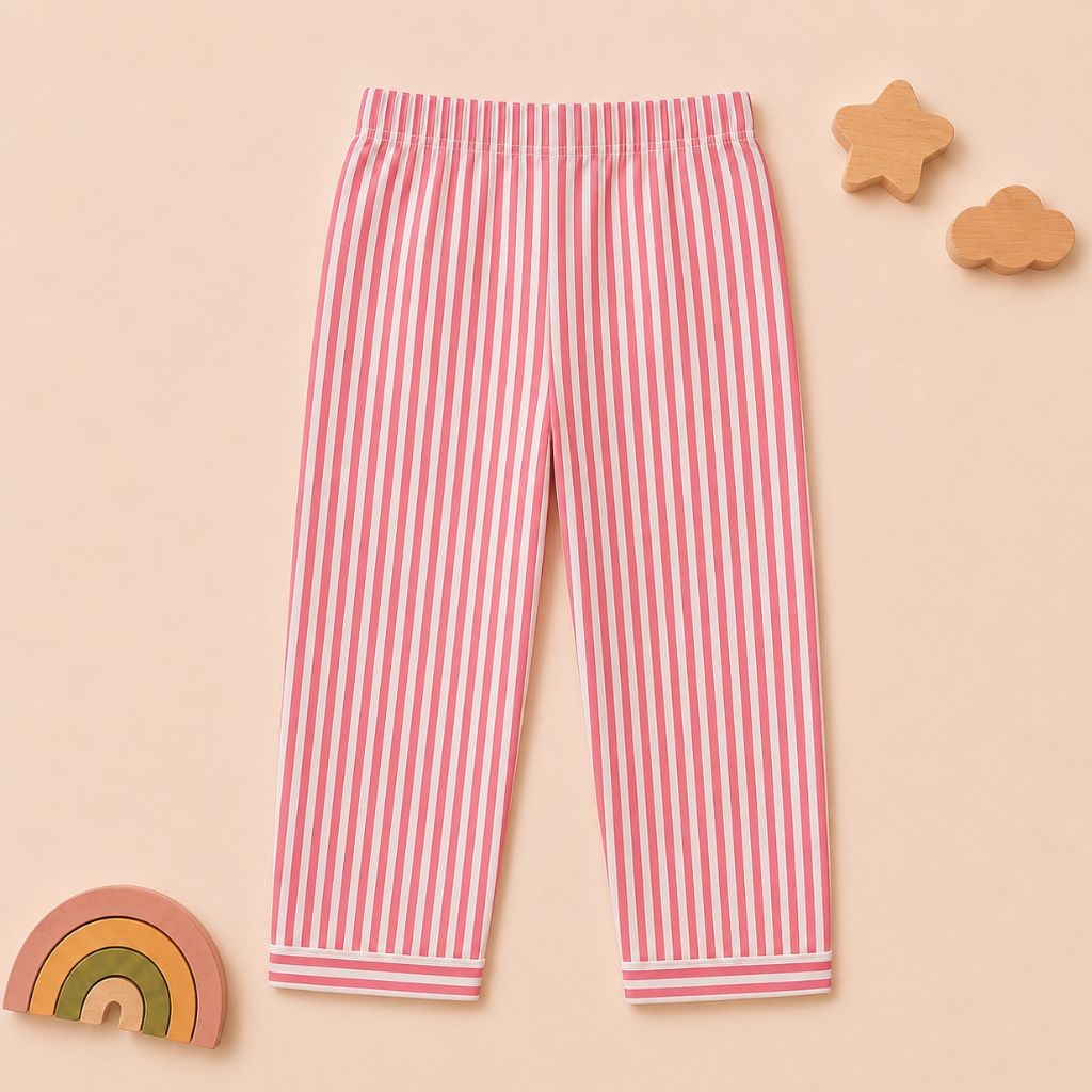 Kids Pure Cotton Night Suit | Red Vertical Stripe Full Sleeve Shirt & Pyjama Set with Flower Patch