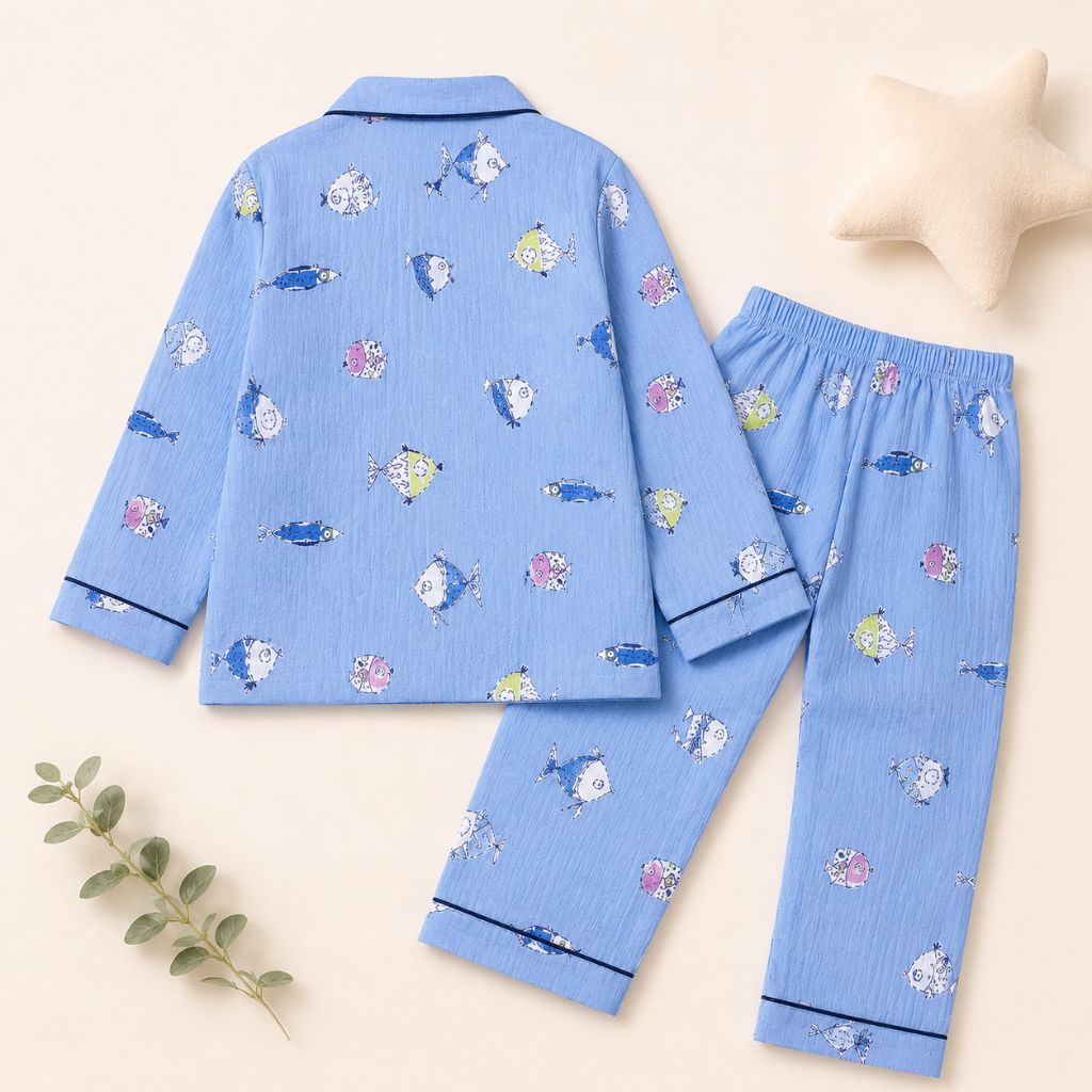Kids Pure Cotton Fish Print Night Suit Set | Full Sleeve