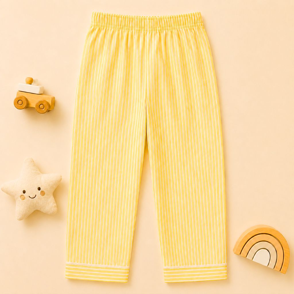 Kids Pure Cotton Night Suit | Yellow Vertical Stripe Full Sleeve Shirt & Pyjama Set with Smiley Flower Patch
