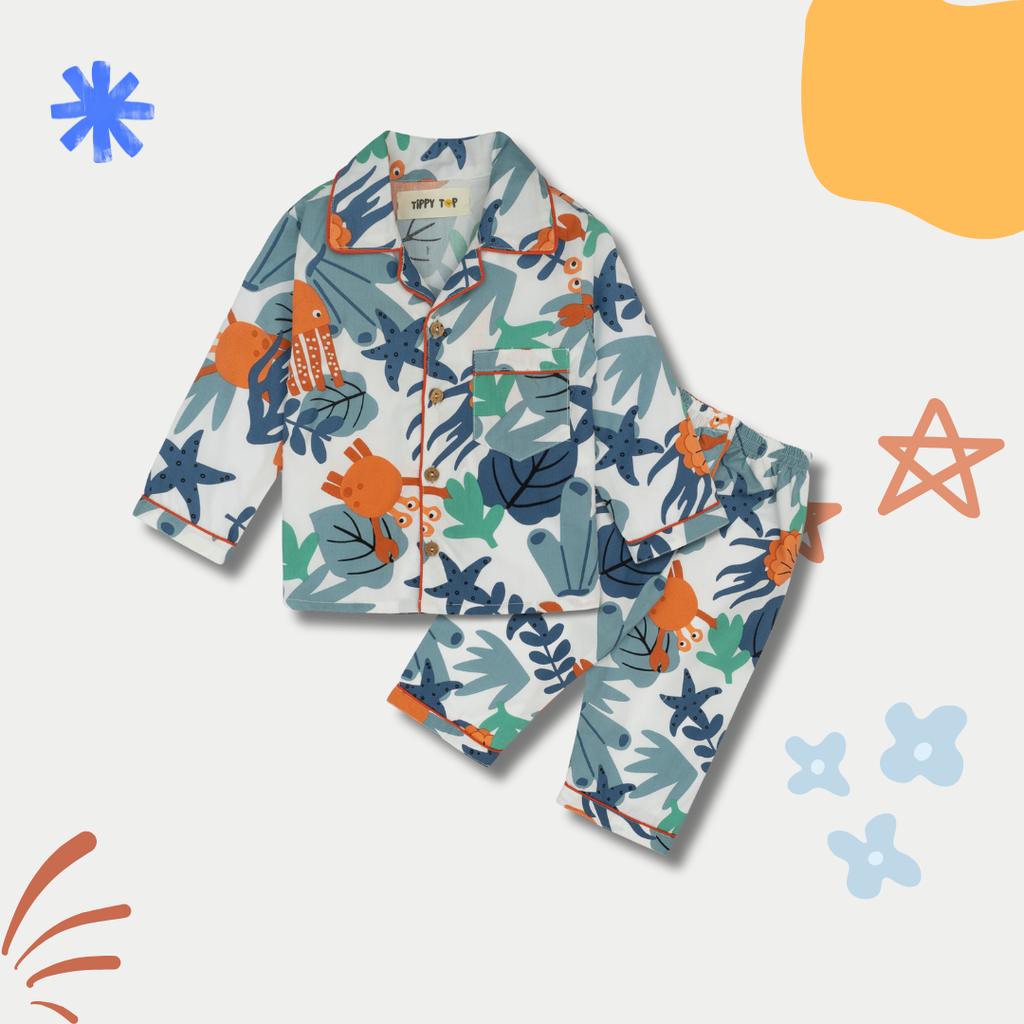 White Cotton Sea Animals Printed Nightsuit Set