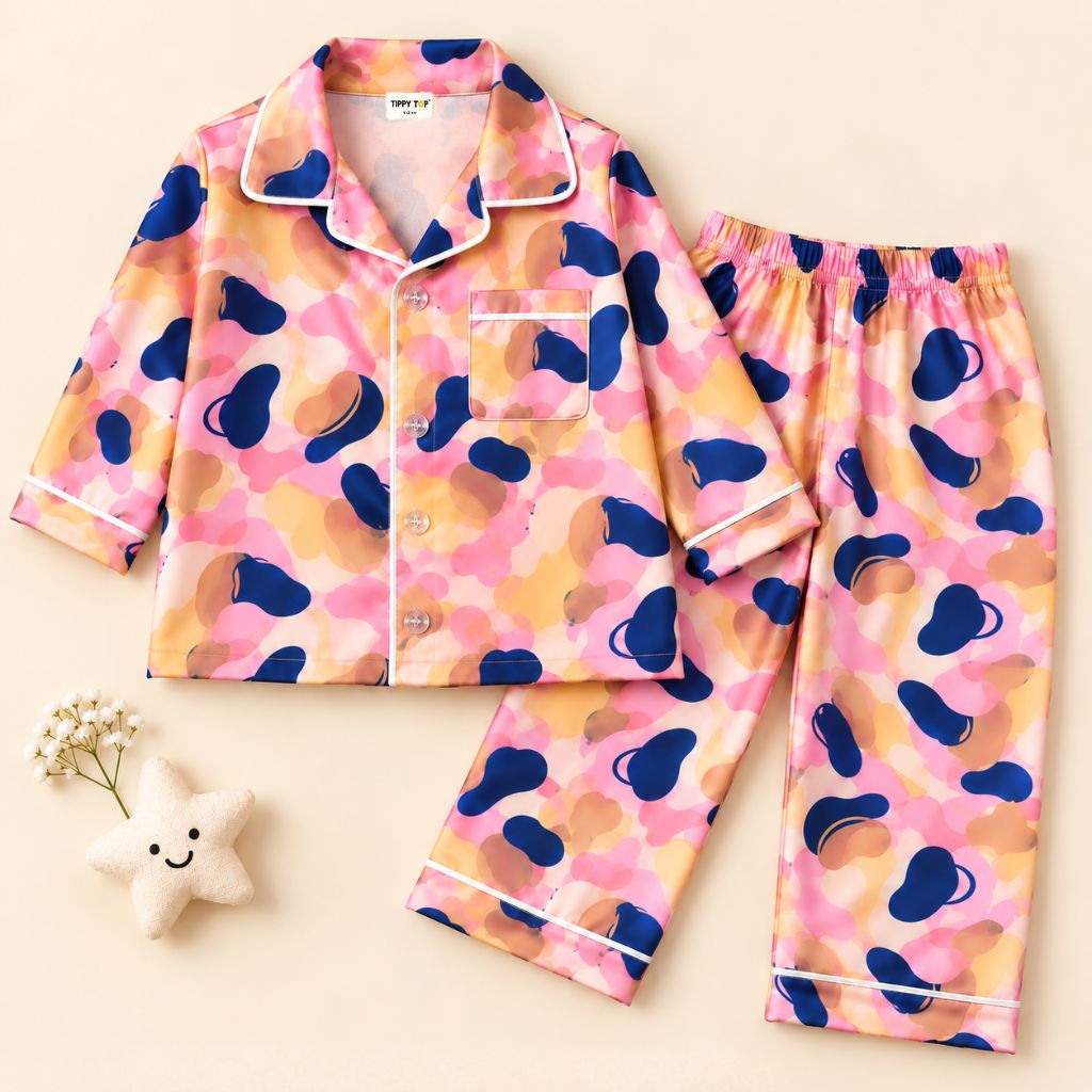 Satin Full Sleeves Abstract Print Coordinating Shirt & Pajama Nightsuit Set for kids