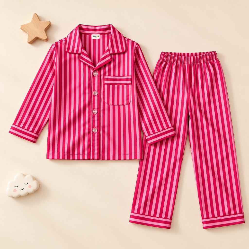 Satin Full Sleeves Pink Striped Shirt & Pajama Nightsuit Set for Kids