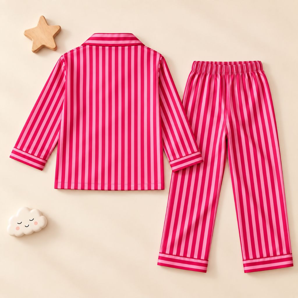 Satin Full Sleeves Pink Striped Shirt & Pajama Nightsuit Set for Kids