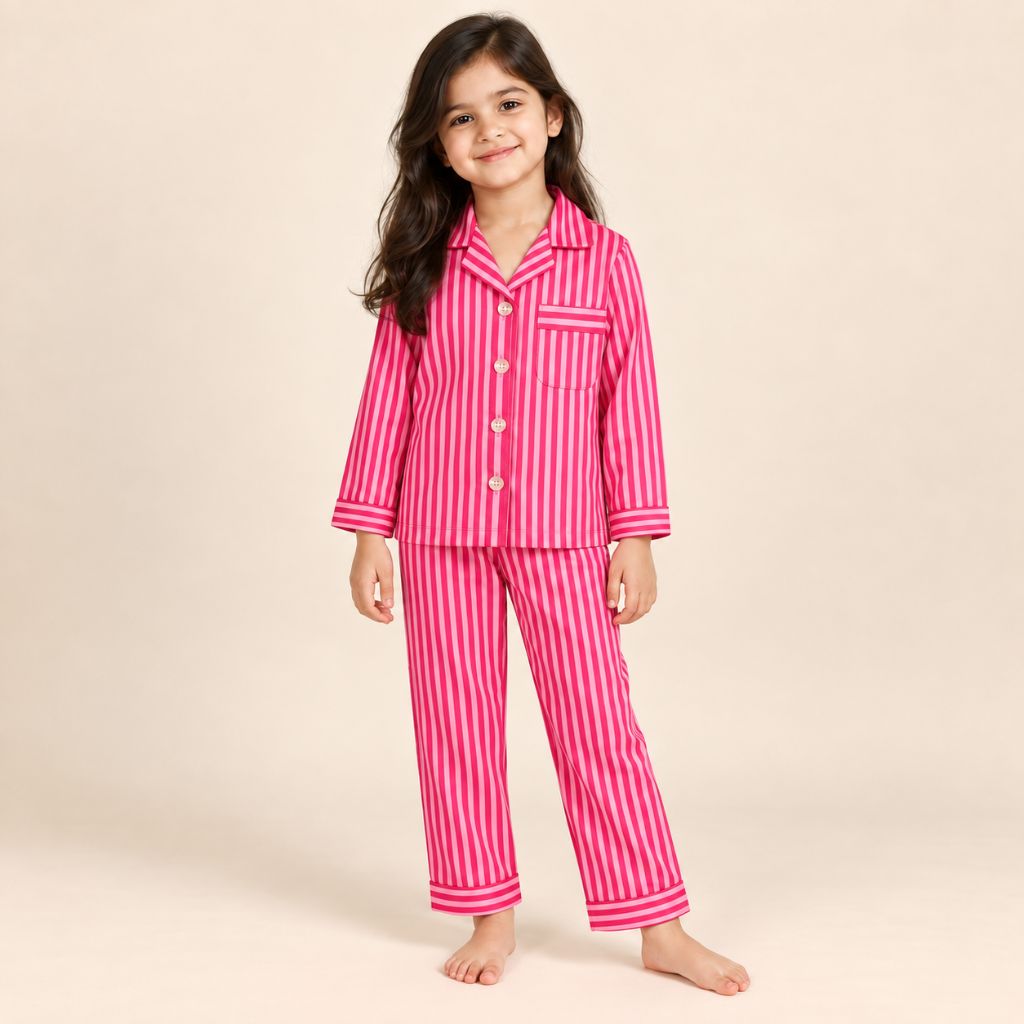 Satin Full Sleeves Pink Striped Shirt & Pajama Nightsuit Set for Kids