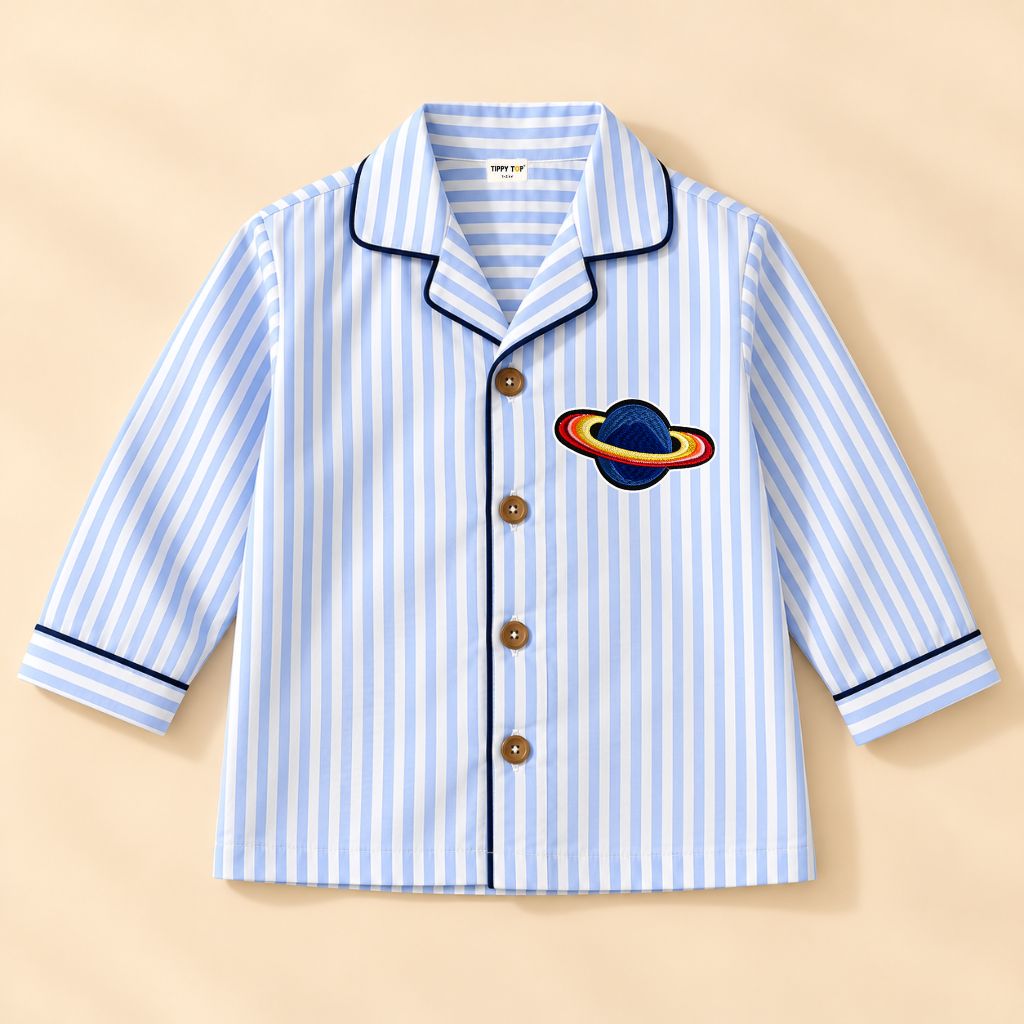 Cotton Full Sleeves Planet Patch Sky Blue Striped Shirt & Pajama Nightsuit Set for Kids