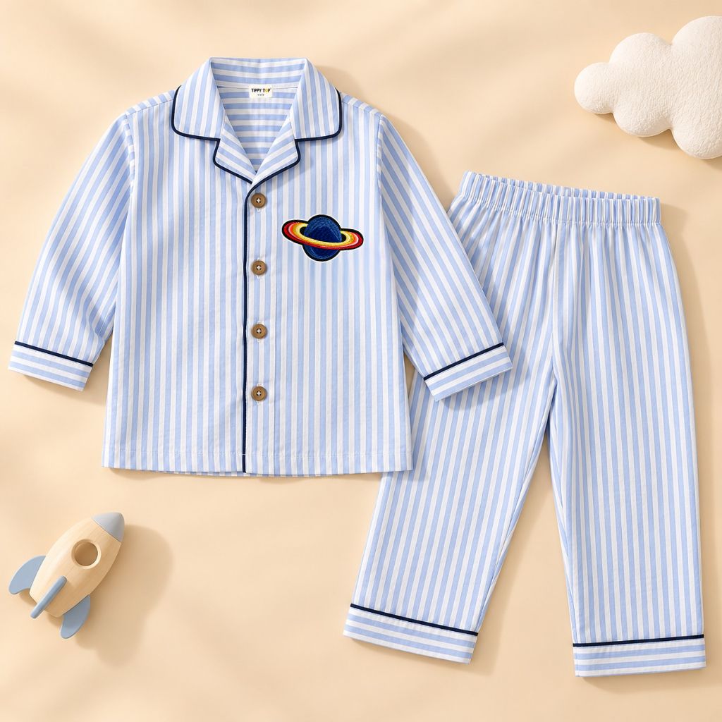 Cotton Full Sleeves Planet Patch Sky Blue Striped Shirt & Pajama Nightsuit Set for Kids