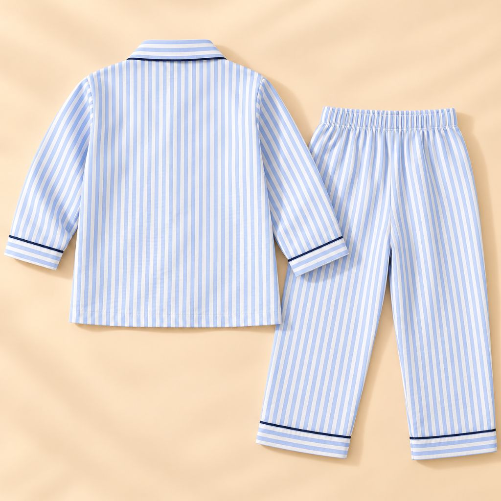 Cotton Full Sleeves Planet Patch Sky Blue Striped Shirt & Pajama Nightsuit Set for Kids