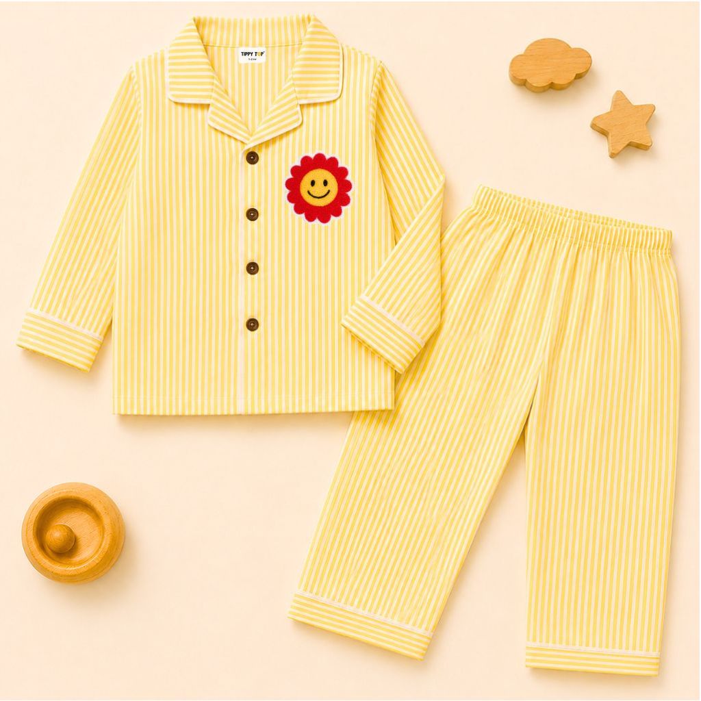 Kids Pure Cotton Night Suit | Yellow Vertical Stripe Full Sleeve Shirt & Pyjama Set with Smiley Flower Patch