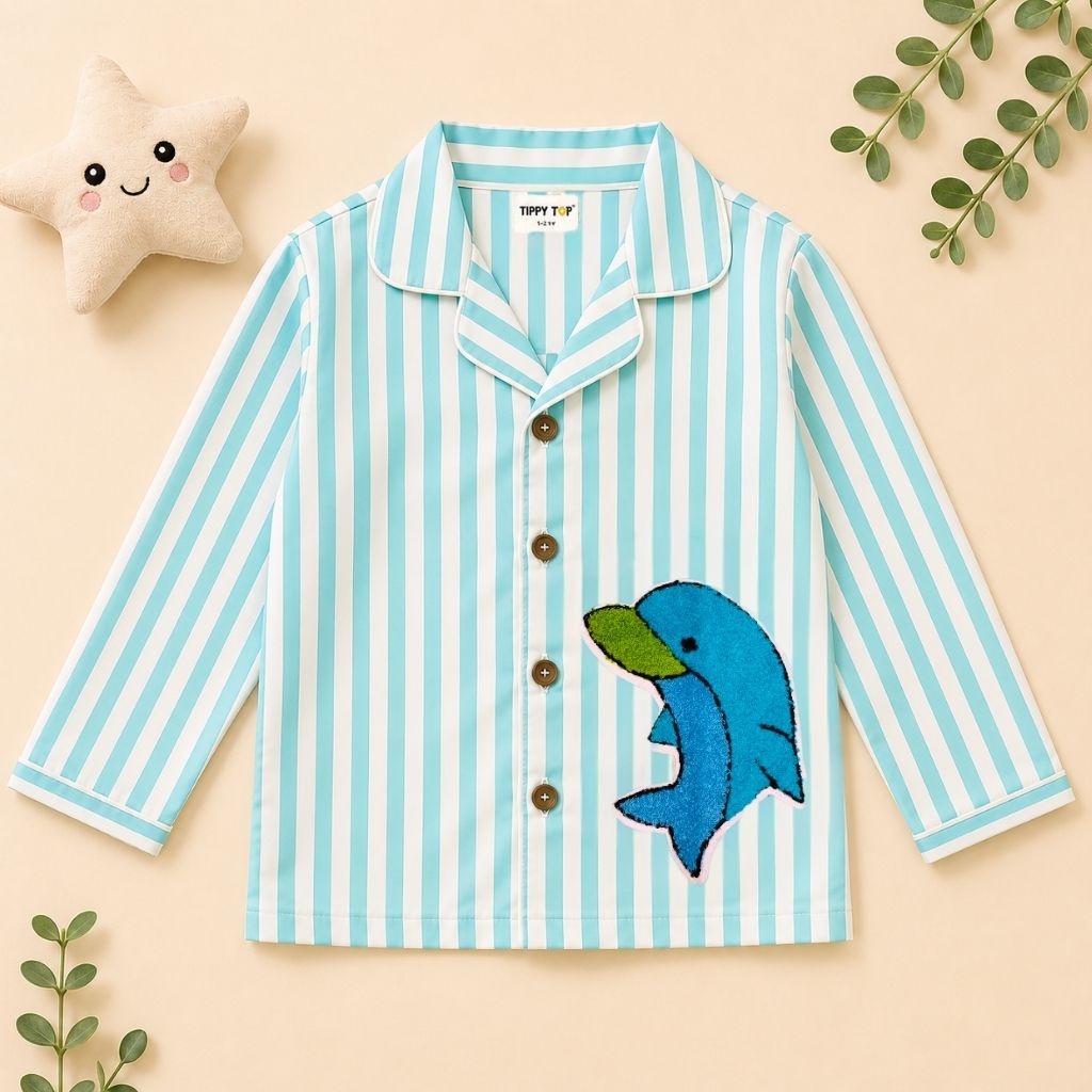 Kids aqua striped dolphin patch night suit – side view