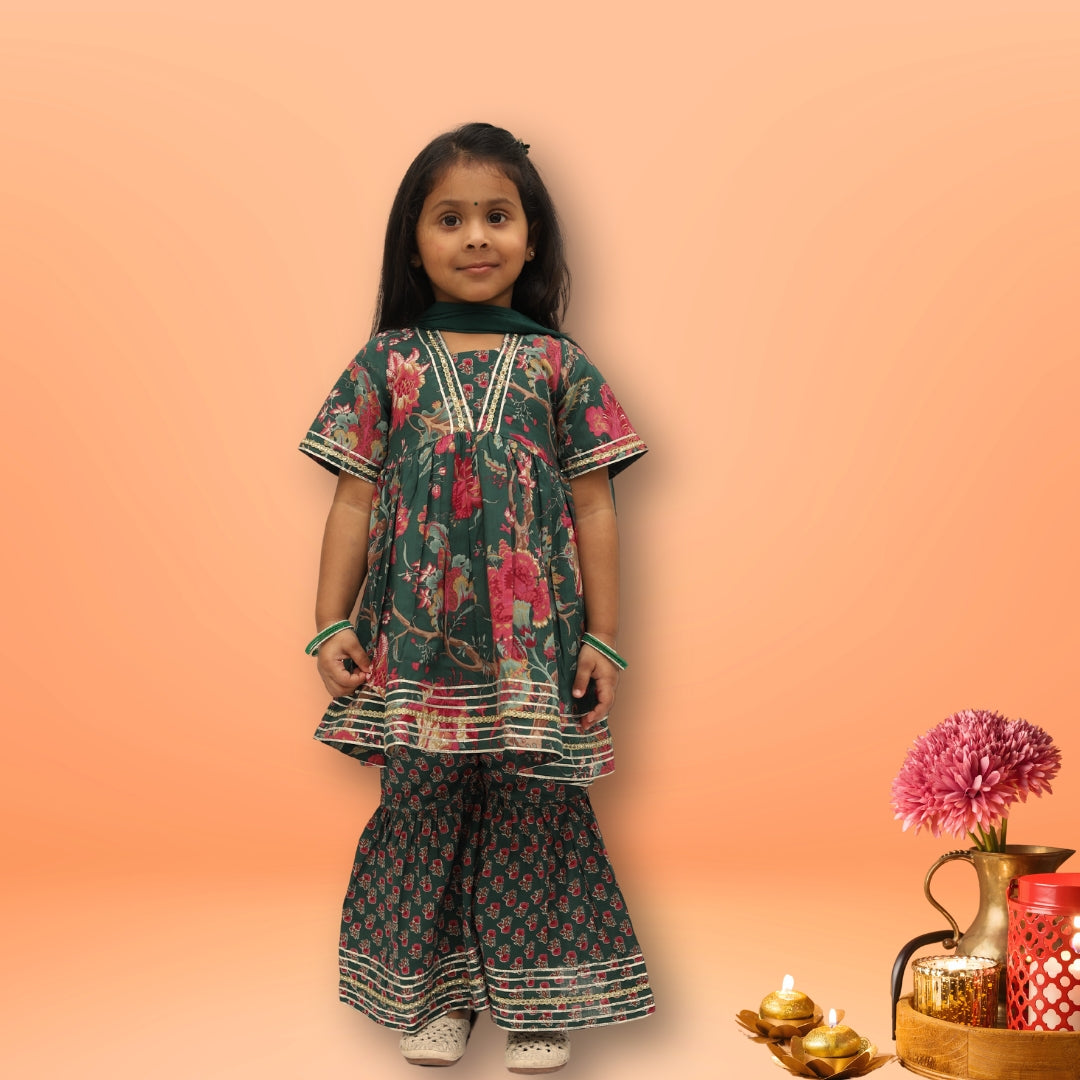 Green Cotton Floral Sharara Set