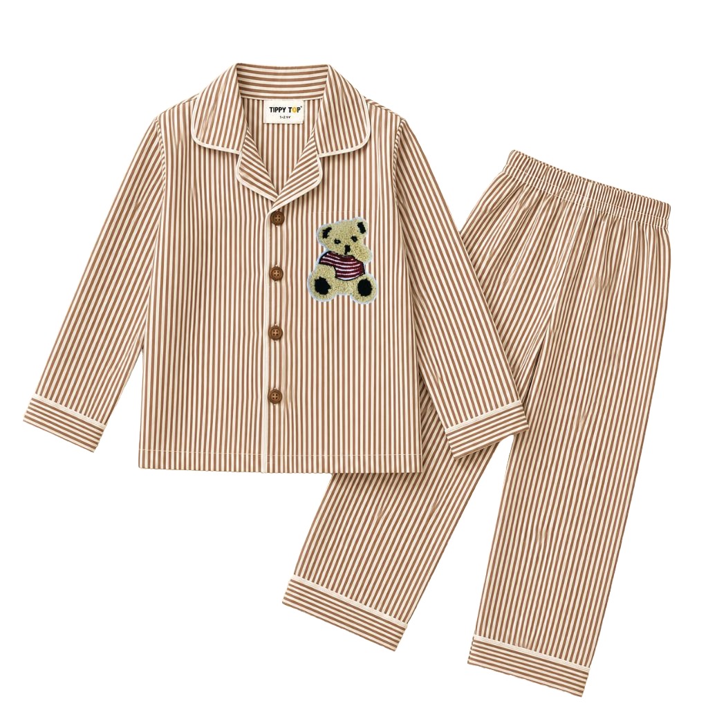 Cotton Brown Stripe Teddy Patch Kids Nightsuit Set