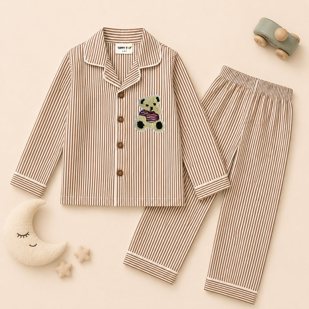 Cotton Brown Stripe Teddy Patch Kids Nightsuit Set
