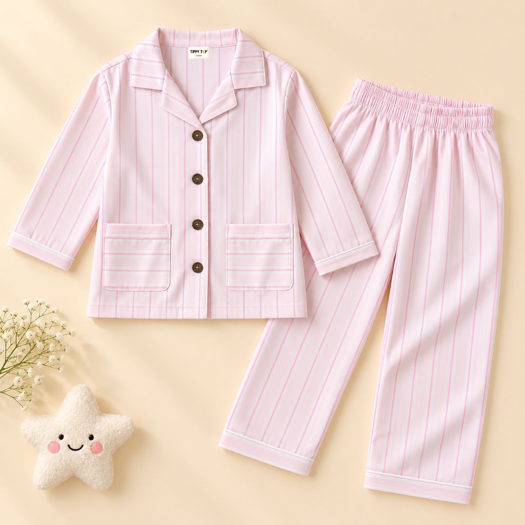 Cotton Full Sleeves Pink Striped Shirt & Pajama Nightsuit Set for Kids