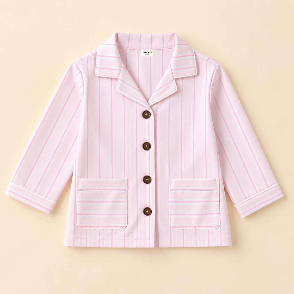 Cotton Full Sleeves Pink Striped Shirt & Pajama Nightsuit Set for Kids