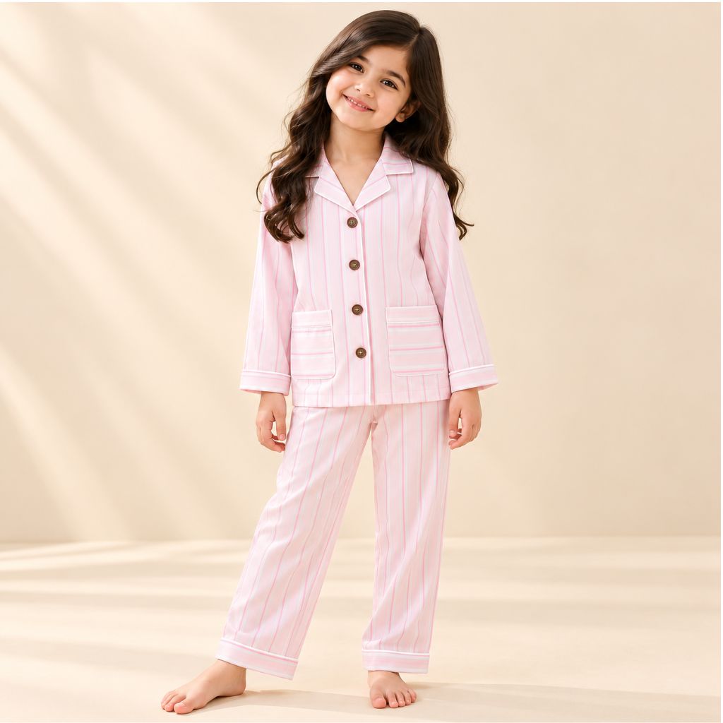 Cotton Full Sleeves Pink Striped Shirt & Pajama Nightsuit Set for Kids