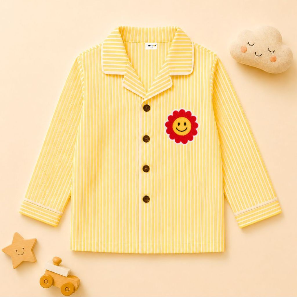 Kids Pure Cotton Night Suit | Yellow Vertical Stripe Full Sleeve Shirt & Pyjama Set with Smiley Flower Patch