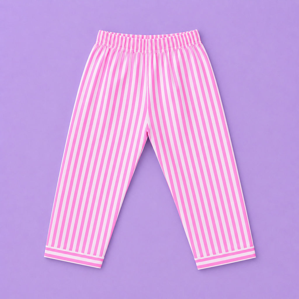 Girls Pink Striped Cotton Night Suit with Smiley Patch