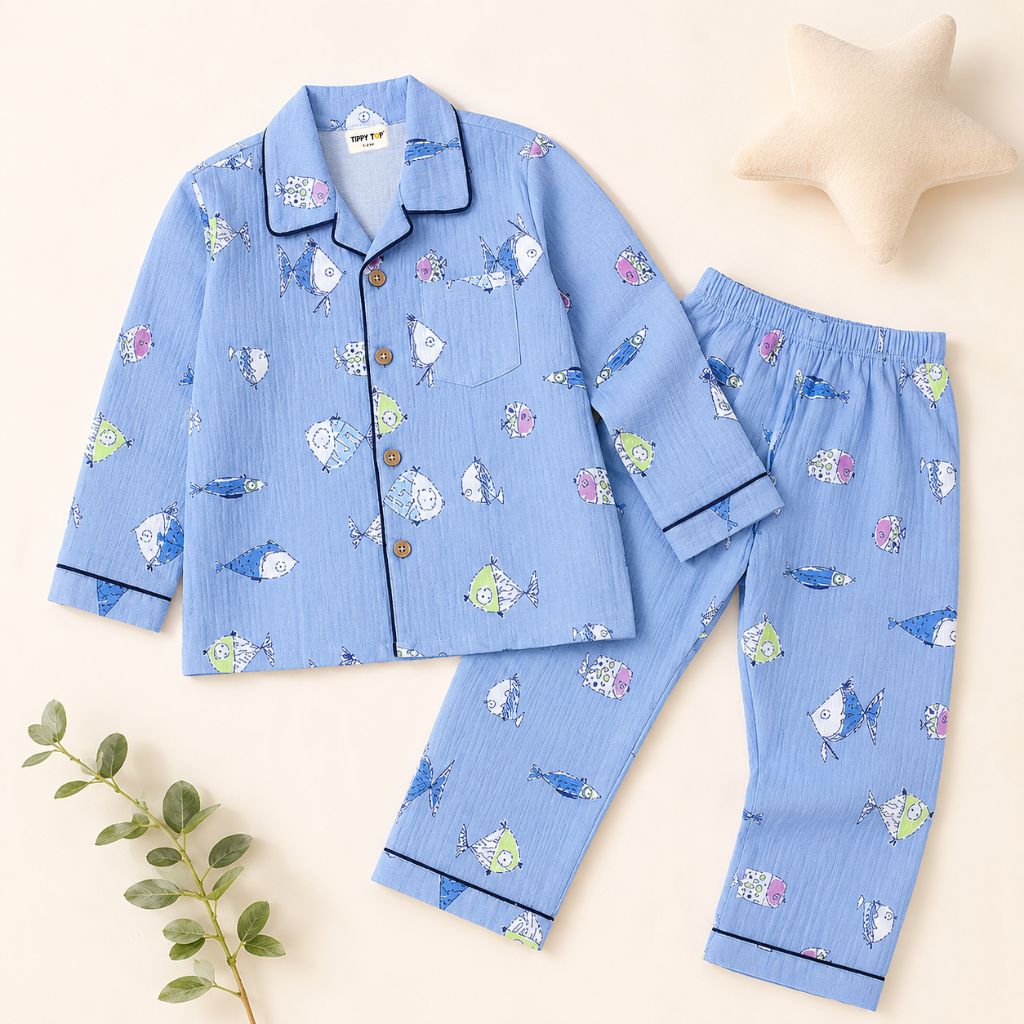 Kids Pure Cotton Fish Print Night Suit Set | Full Sleeve