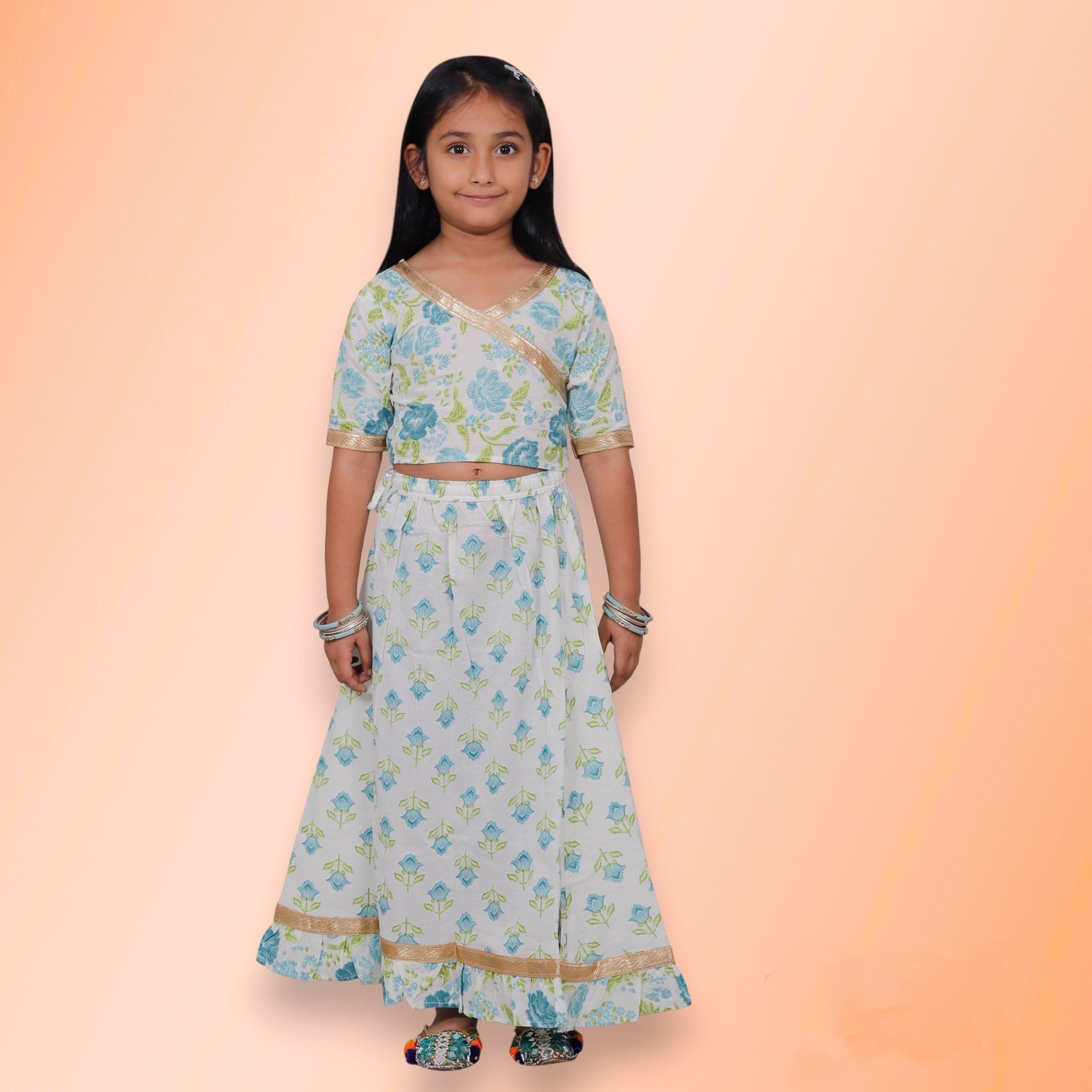 White Blue Floral Cotton Lehenga Set