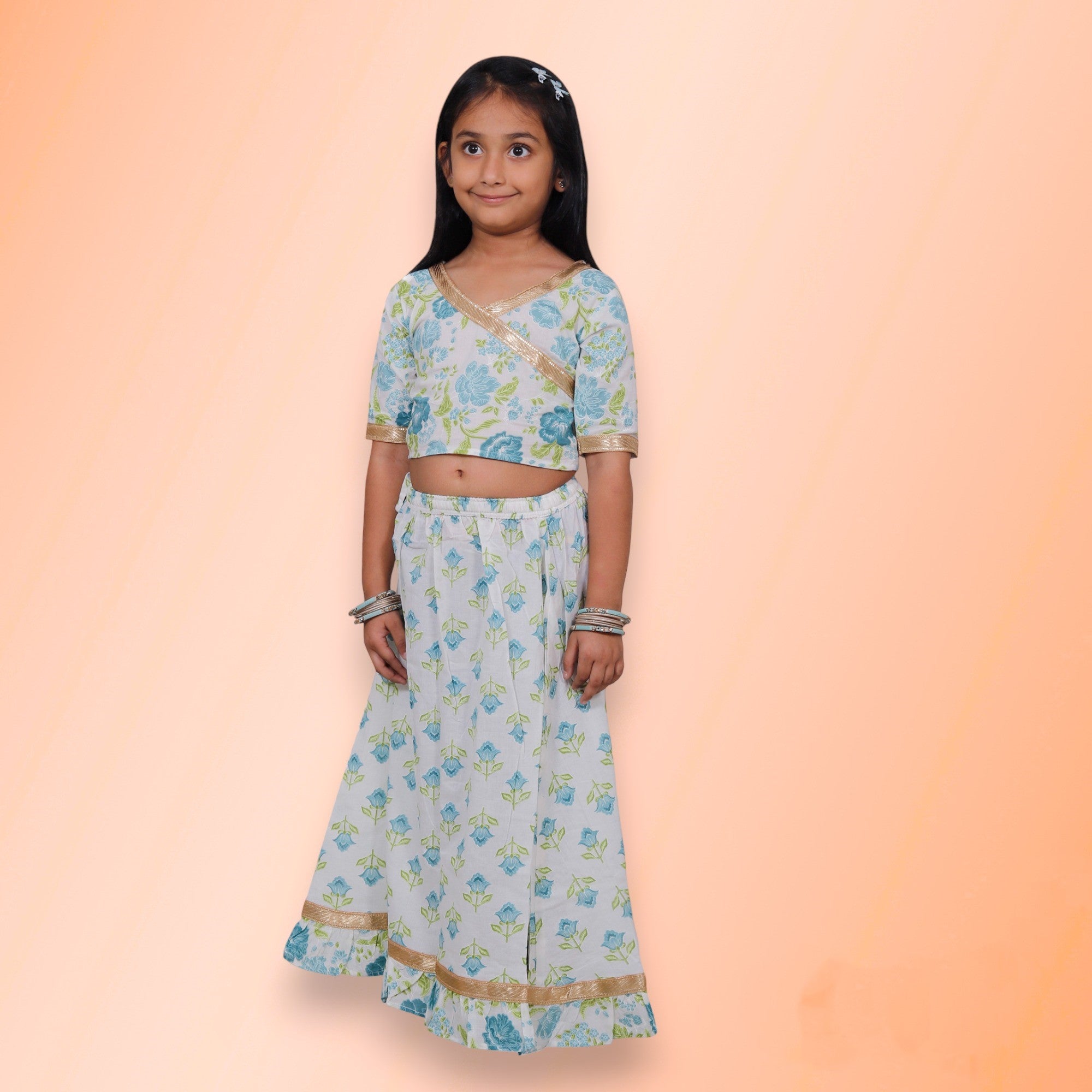 White Blue Floral Cotton Lehenga Set