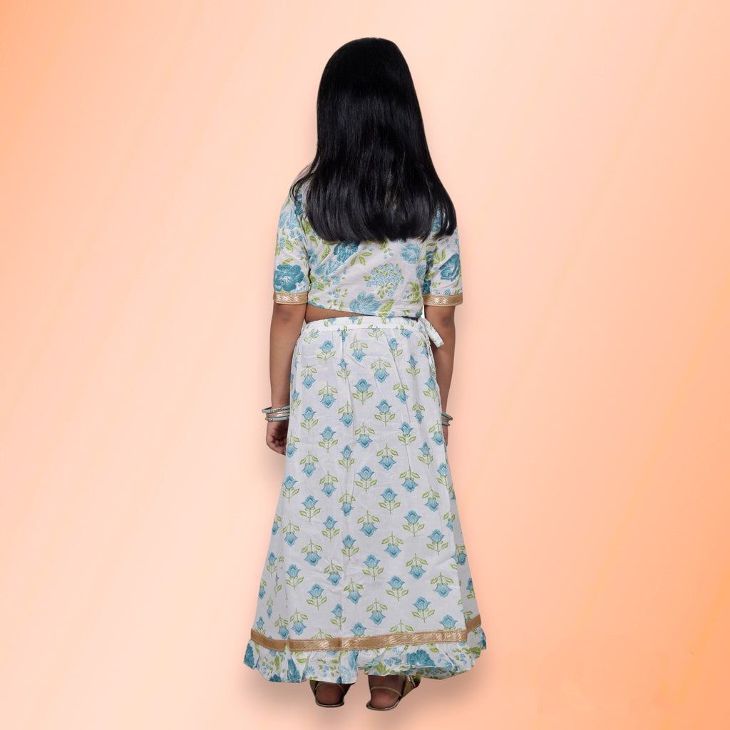 White Blue Floral Cotton Lehenga Set