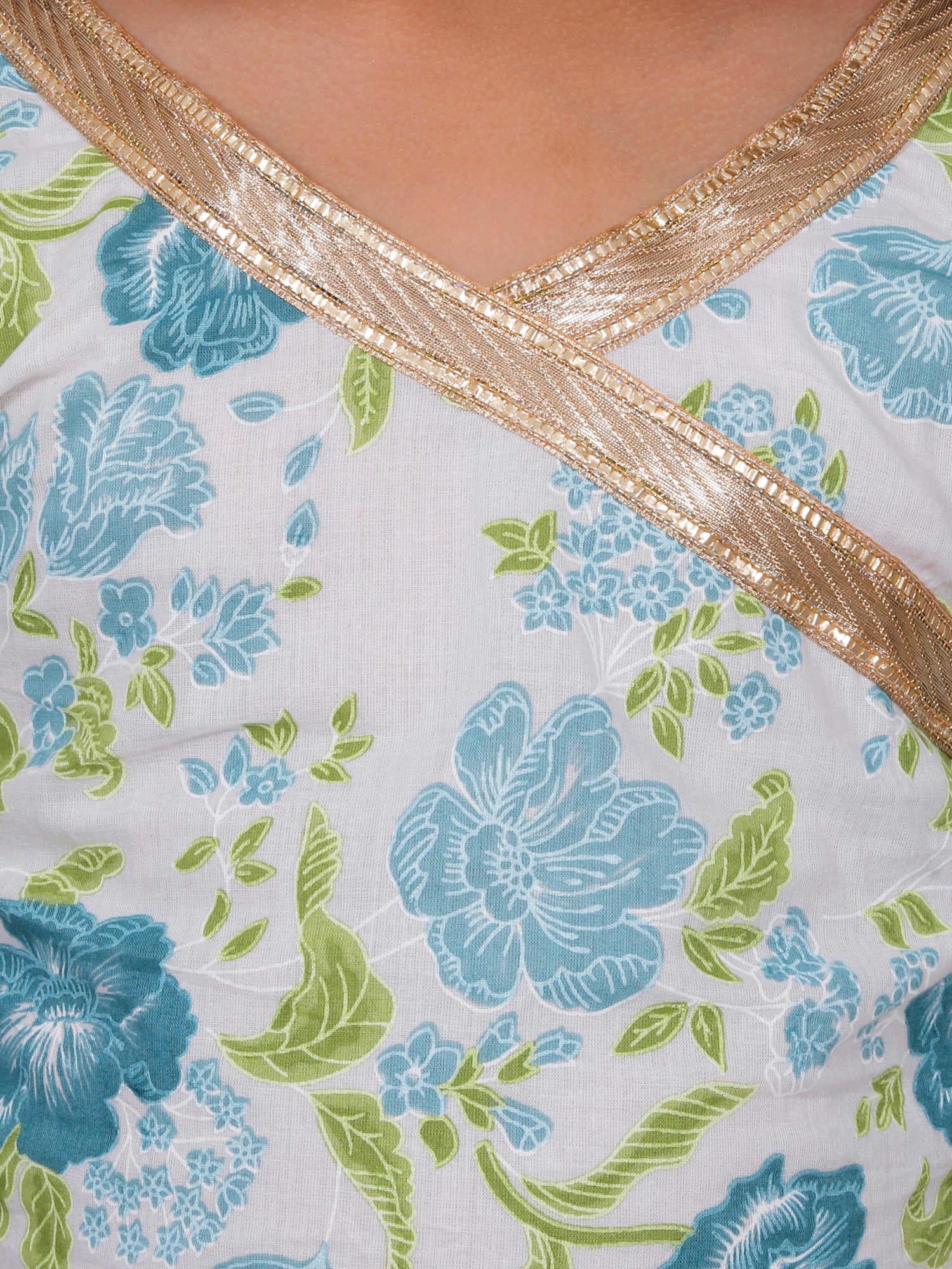 White Blue Floral Cotton Lehenga Set