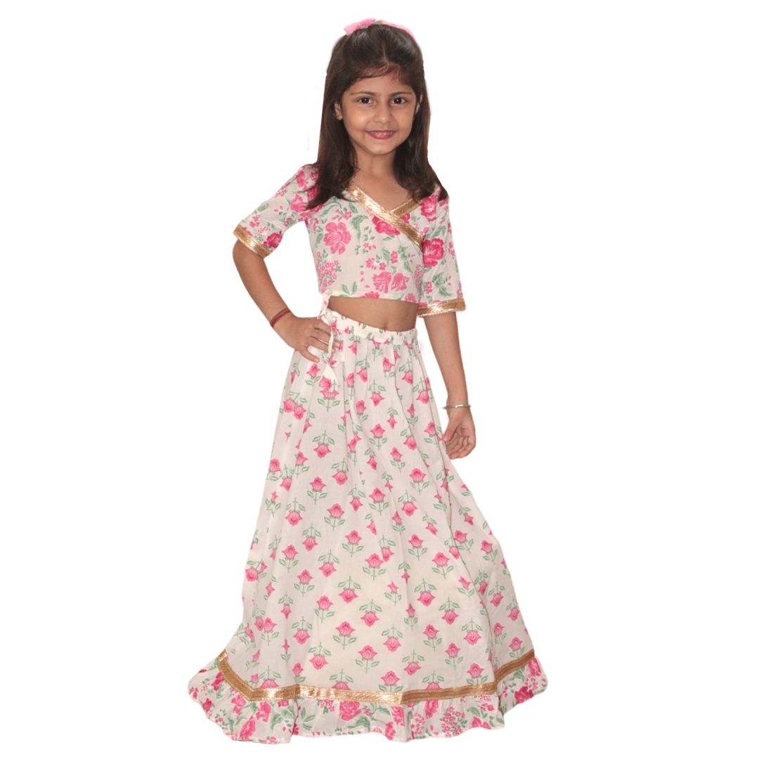 White Pink Floral Cotton Lehenga Set