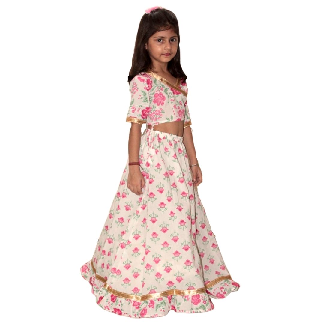White Pink Floral Cotton Lehenga Set