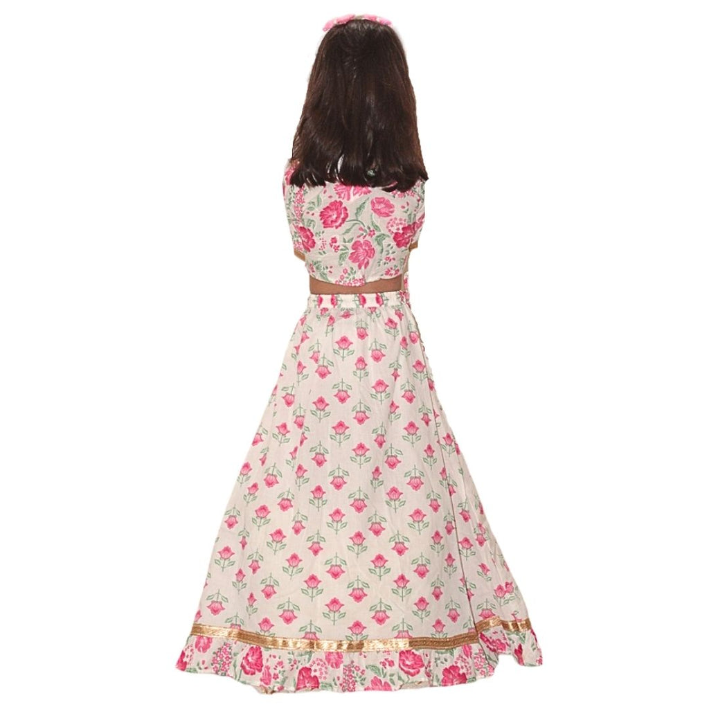 White Pink Floral Cotton Lehenga Set