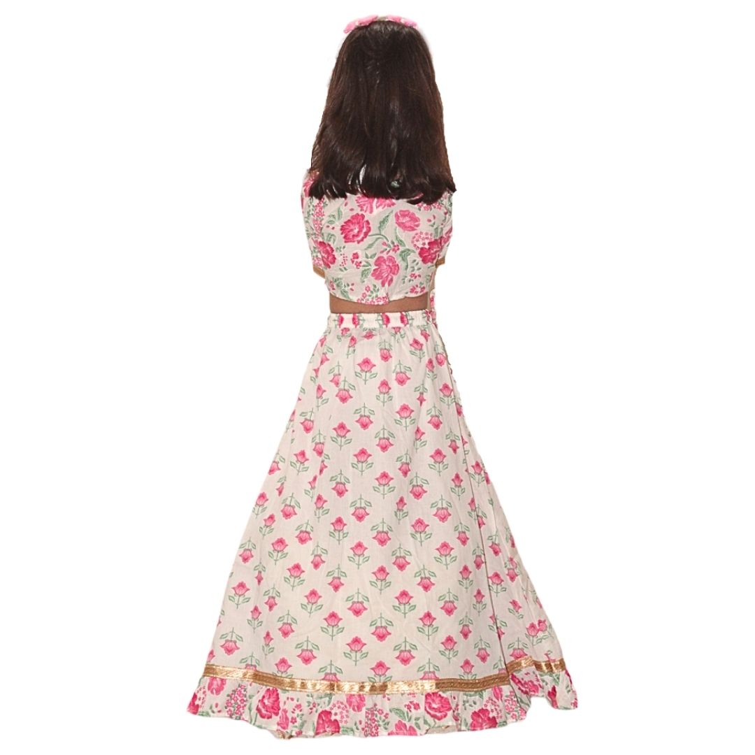 White Pink Floral Cotton Lehenga Set