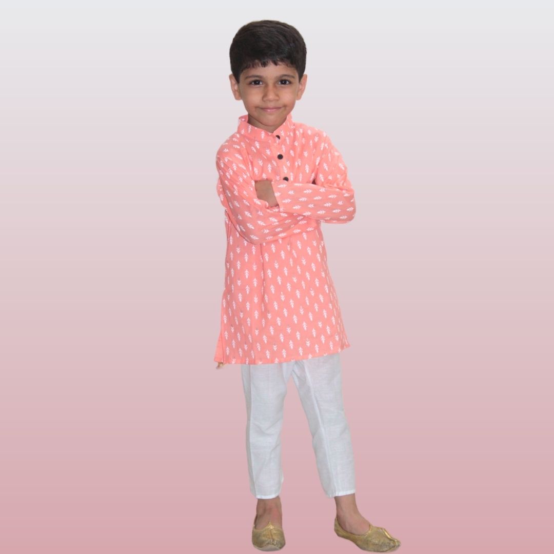 Peach Cotton Printed Kurta Pajama Set