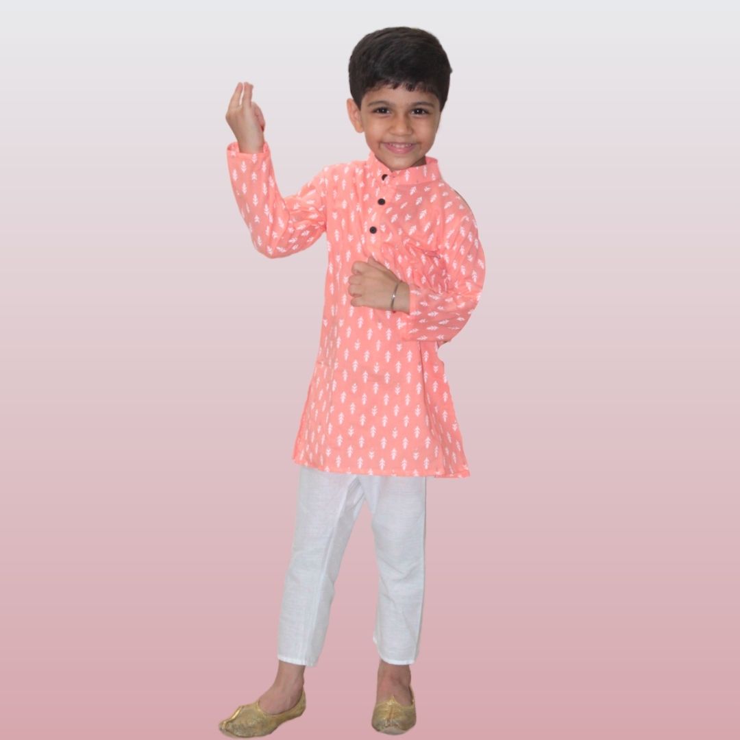 Peach Cotton Printed Kurta Pajama Set