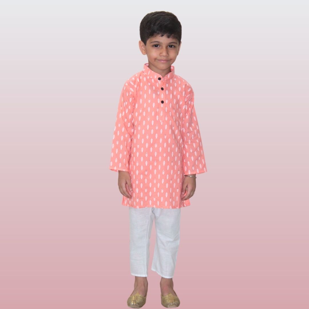Peach Cotton Printed Kurta Pajama Set
