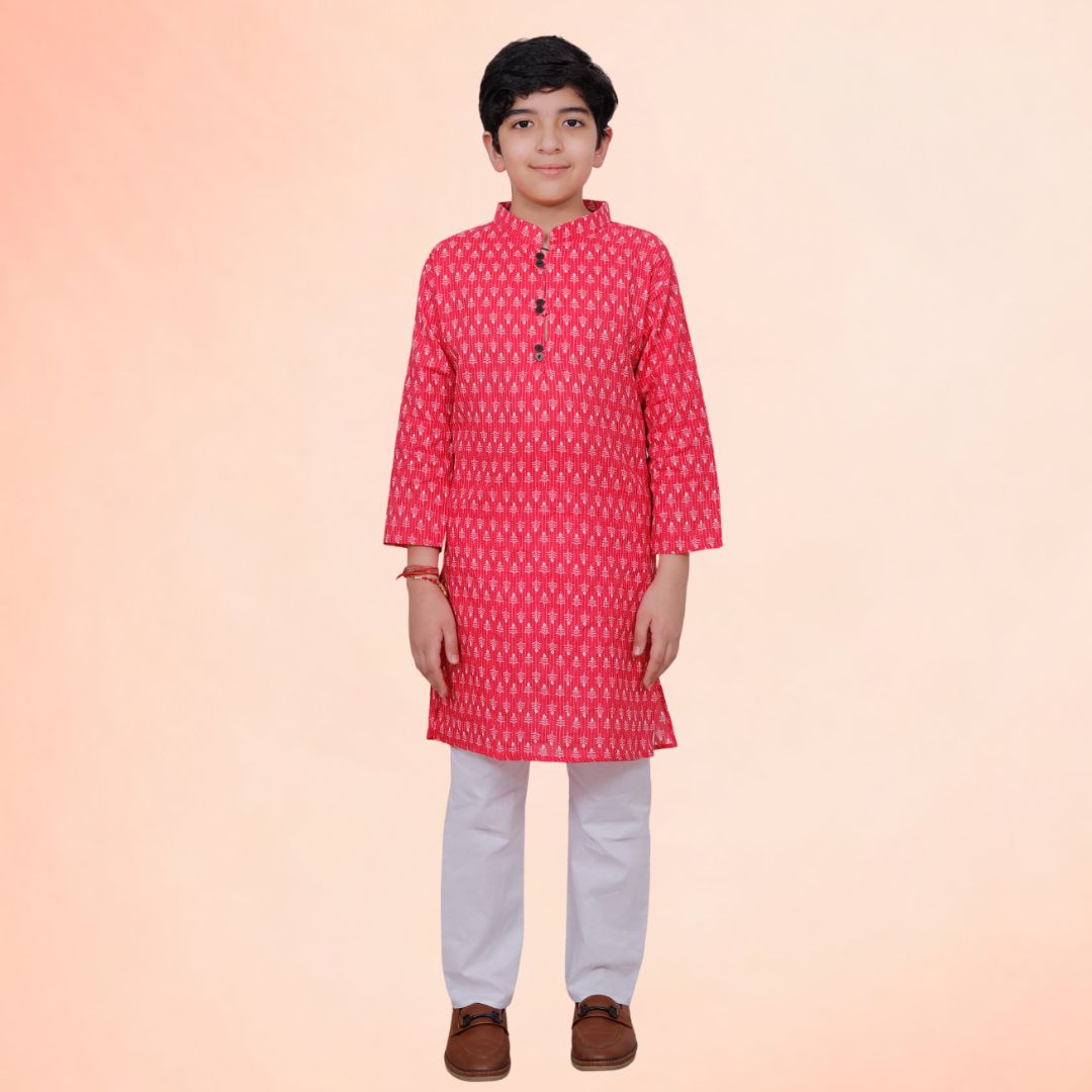 Red Cotton Printed Kurta Pajama Set