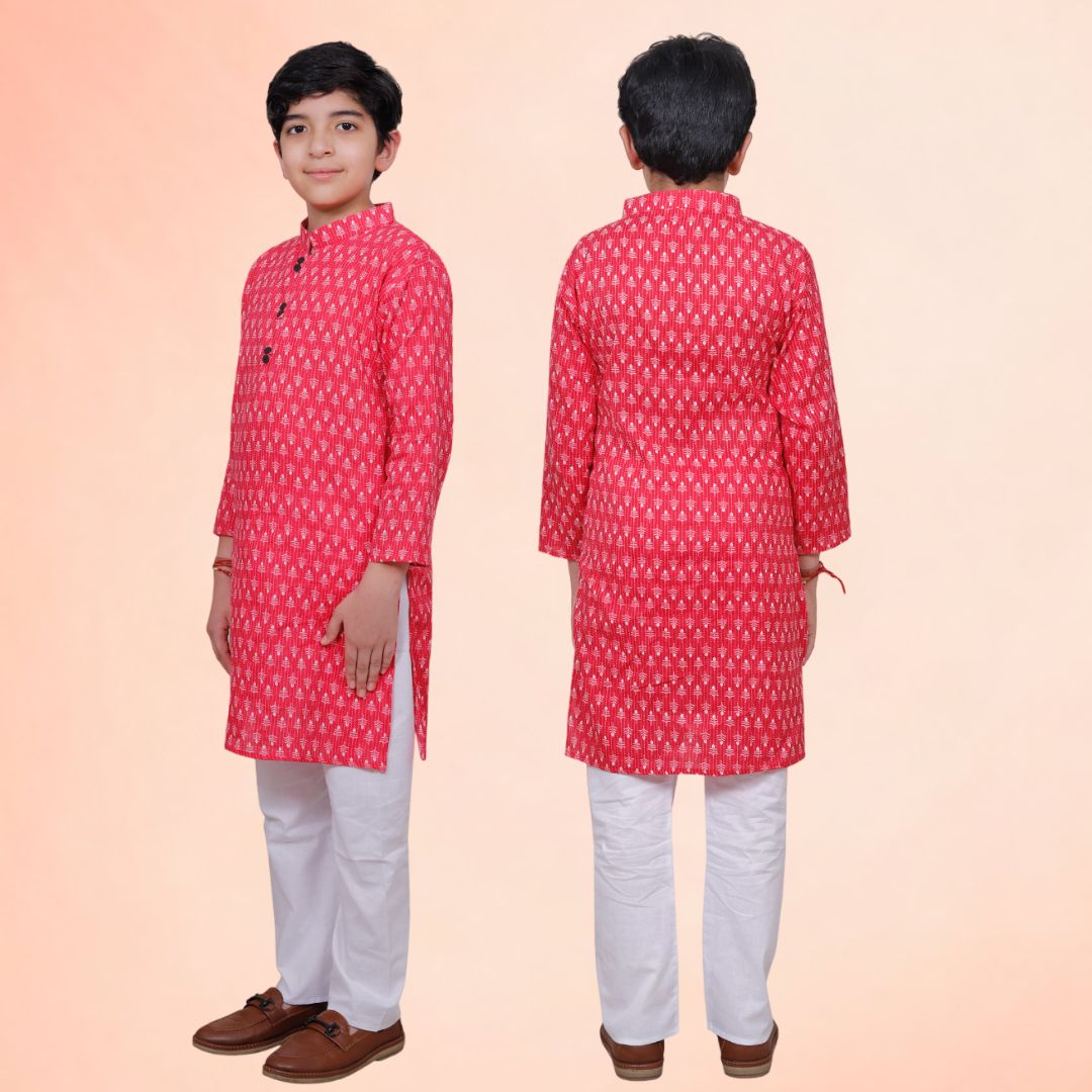 Red Cotton Printed Kurta Pajama Set
