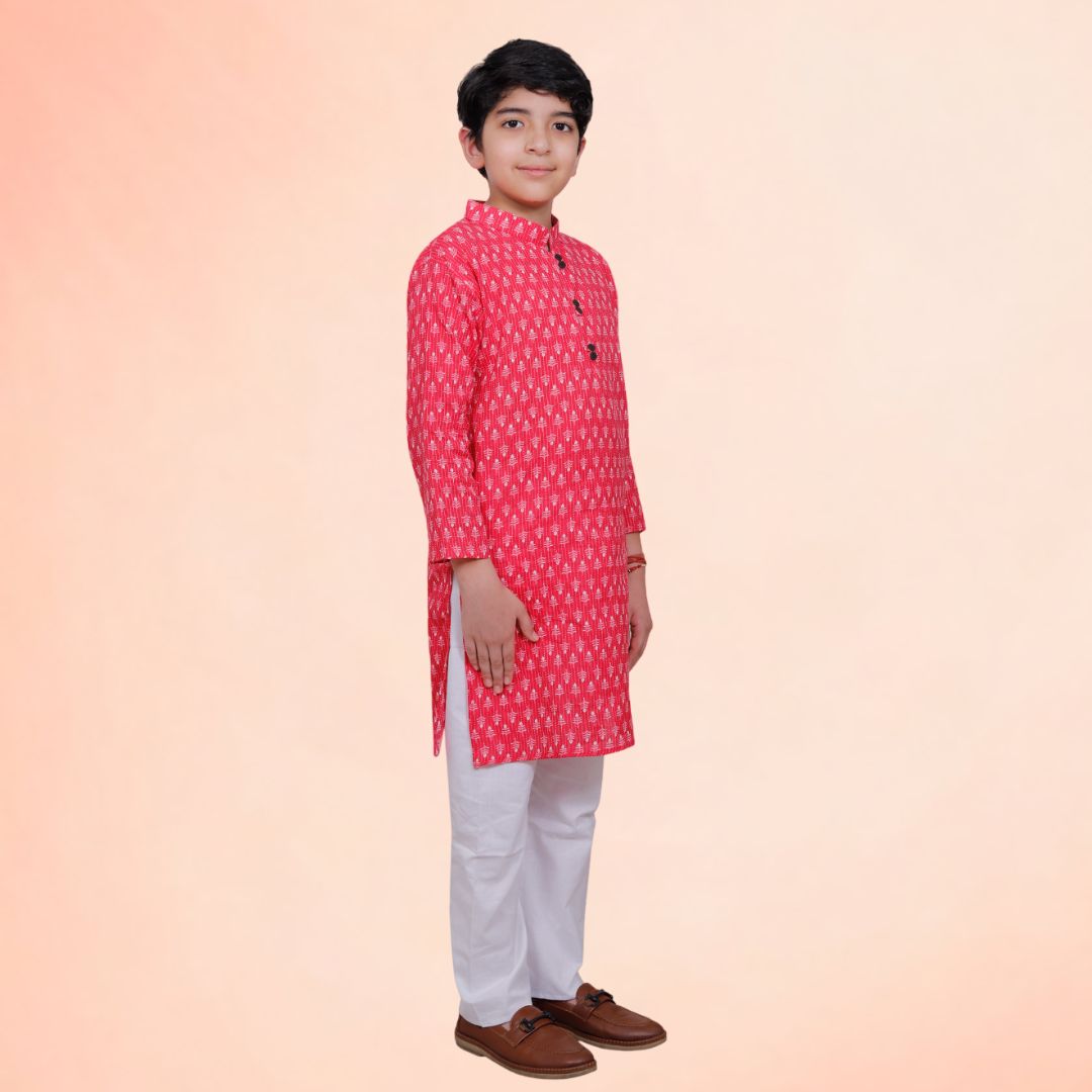 Red Cotton Printed Kurta Pajama Set