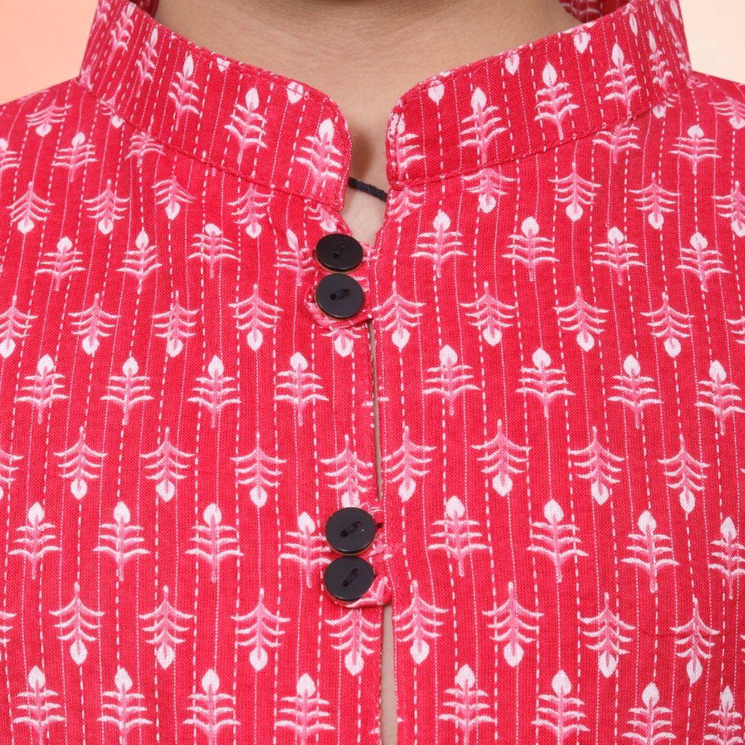 Red Cotton Printed Kurta Pajama Set