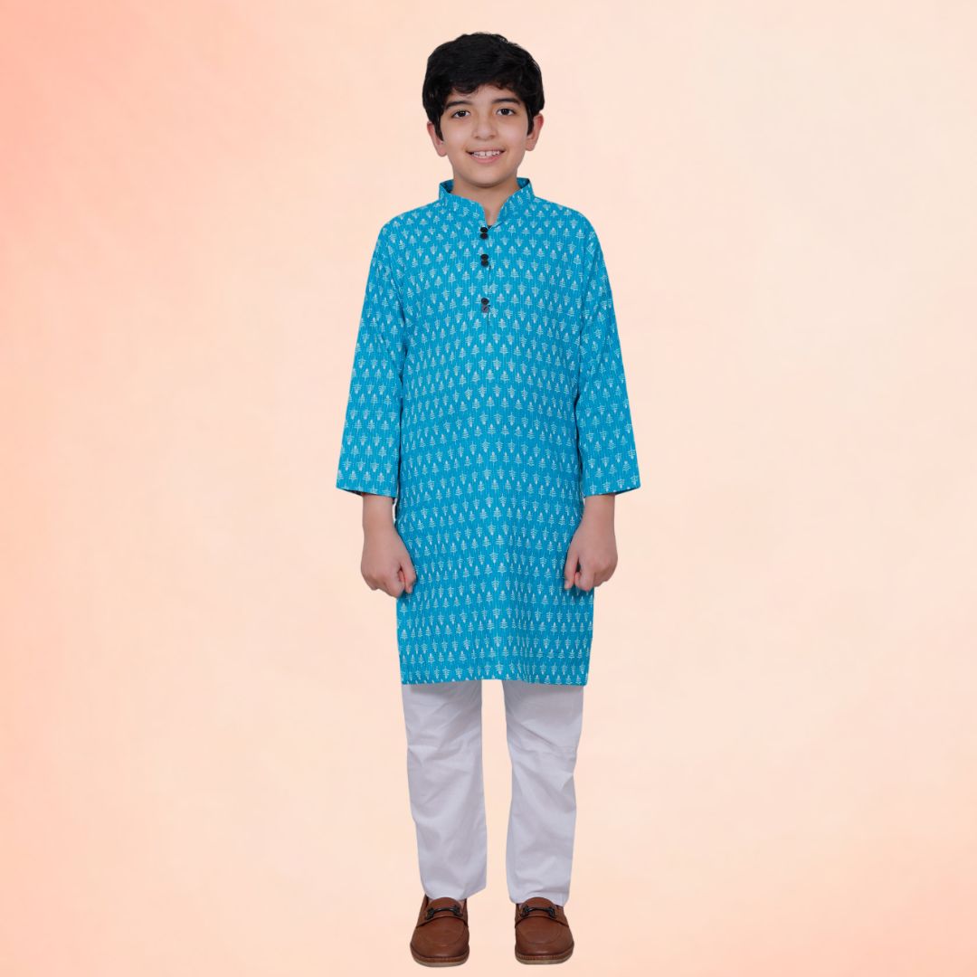 Blue Cotton Printed Kurta Pajama Set