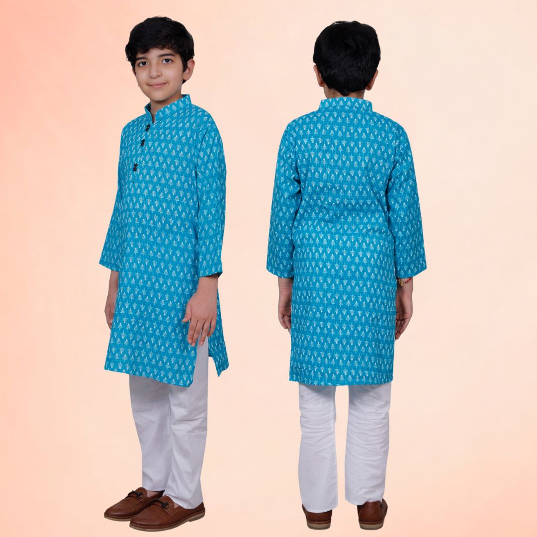 Blue Cotton Printed Kurta Pajama Set