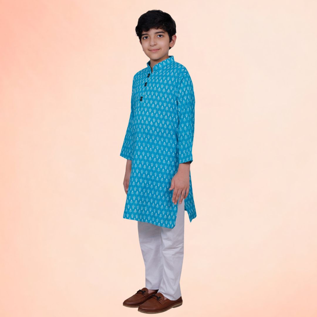 Blue Cotton Printed Kurta Pajama Set