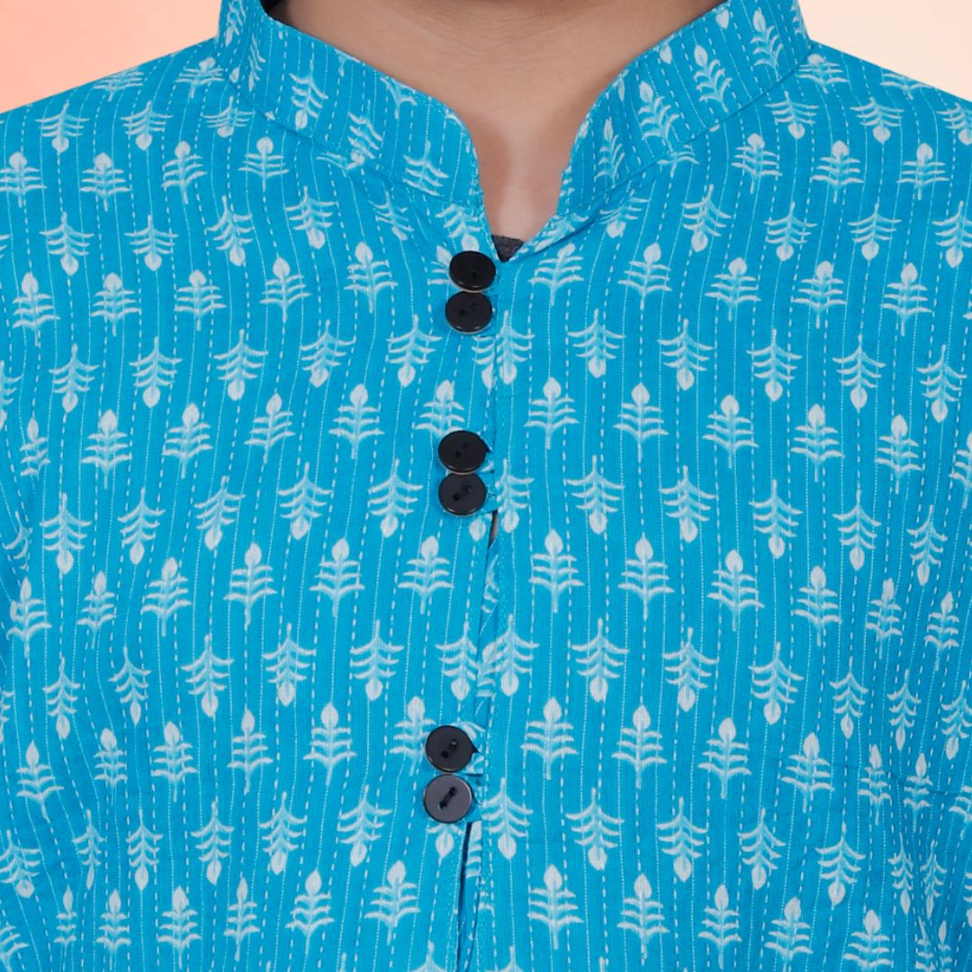 Blue Cotton Printed Kurta Pajama Set